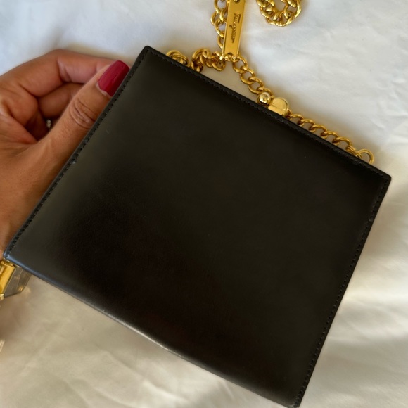 *SOLD*Authentic Salvatore Ferragamo Leather Black Bow Bag w/ Gold Chain - Picture 15 of 17